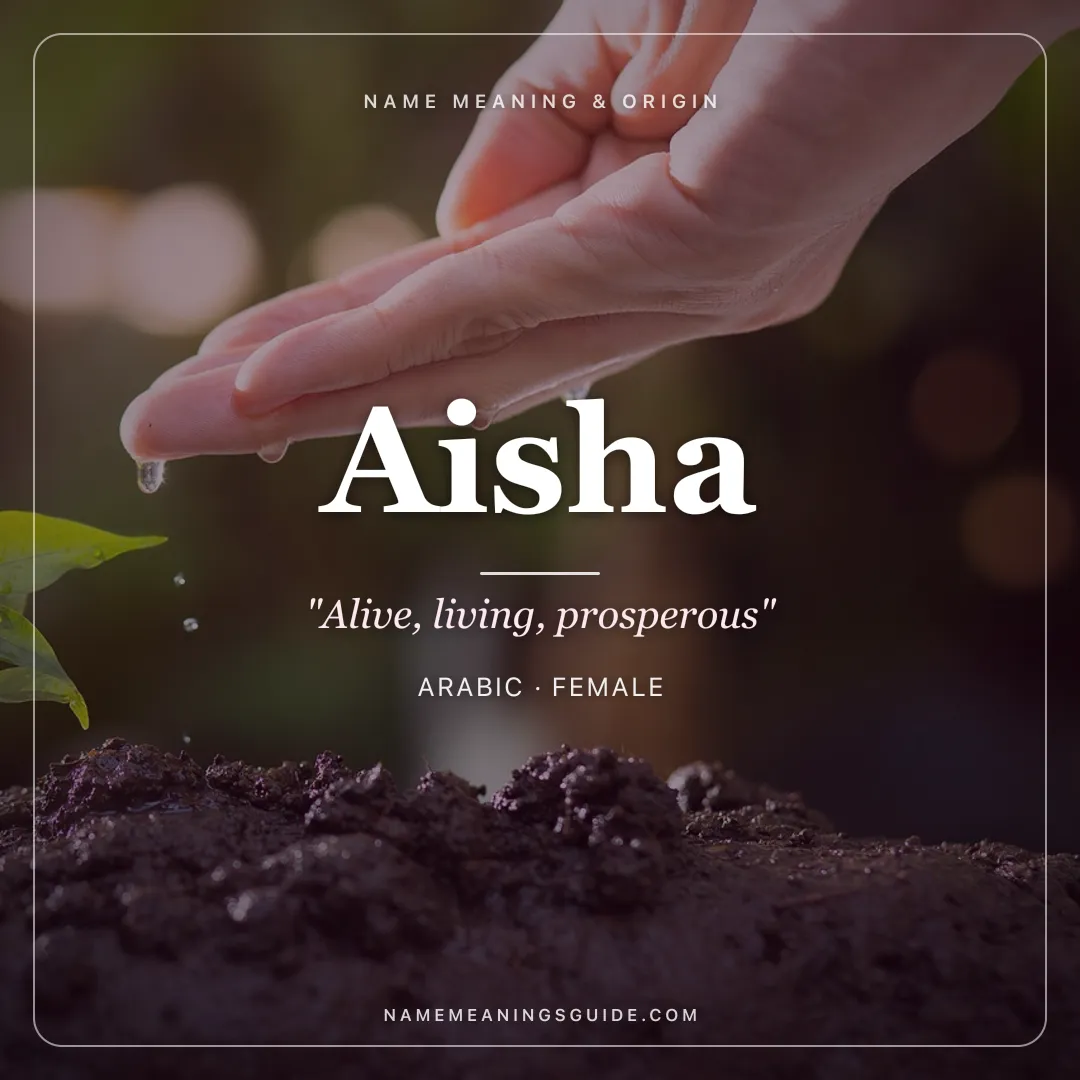 Aisha name meaning "Alive, living, prosperous" - Arabic female name share card | NameMeanings