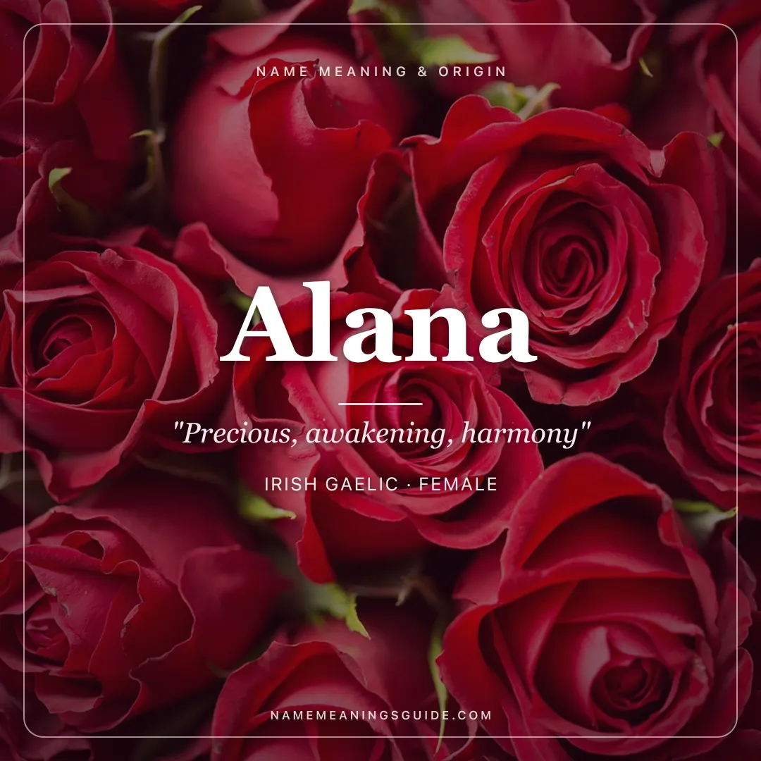 Alana name meaning "Precious, awakening, harmony" - Irish Gaelic, Hawaiian female name share card | NameMeanings