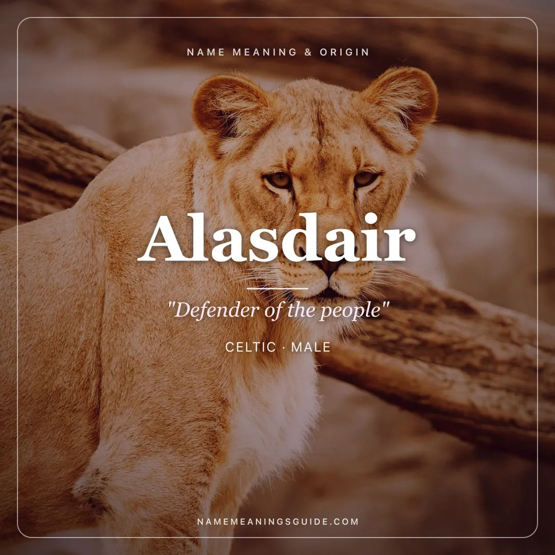 Alasdair name meaning "Defender of the people" - Celtic male name share card | NameMeanings