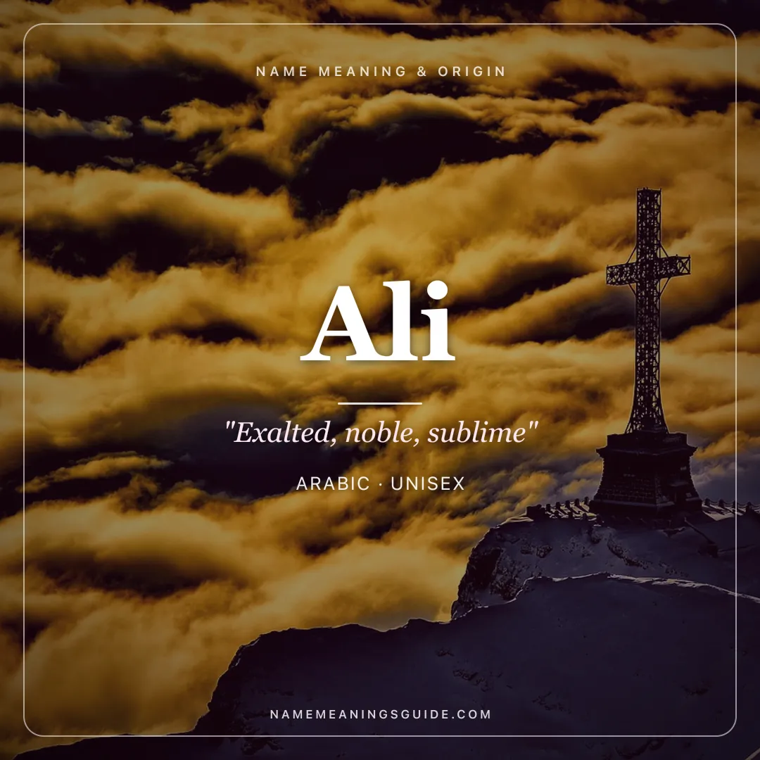 Ali name meaning "Exalted, noble, sublime" - Arabic unisex name share card | NameMeanings