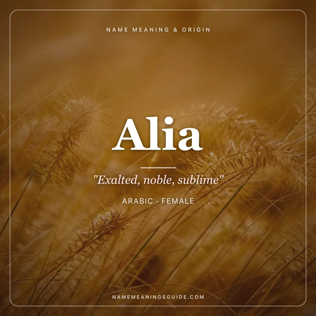 Alia name meaning "Exalted, noble, sublime" - Arabic female name share card | NameMeanings