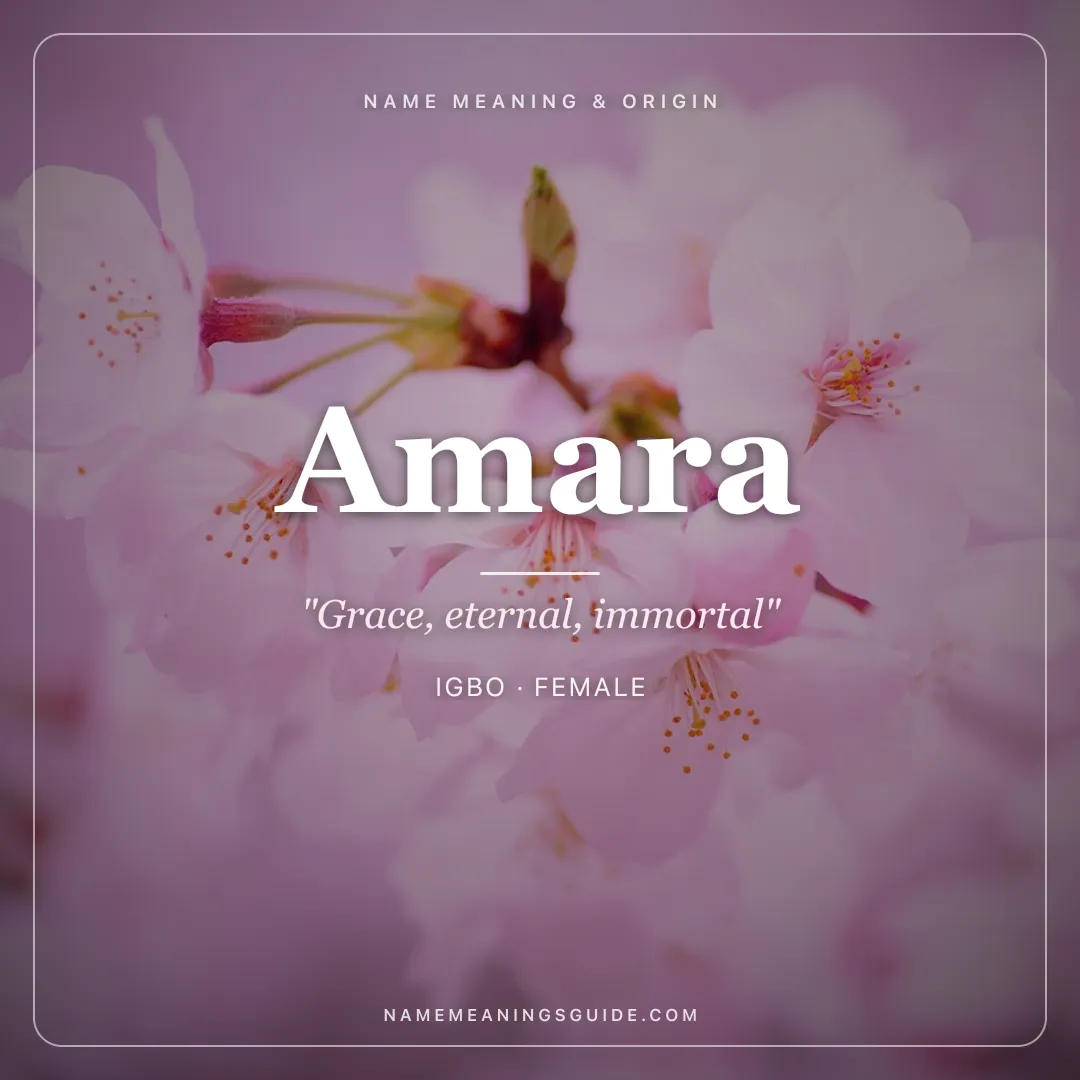Amara name meaning "Grace, eternal, immortal" - Igbo, Sanskrit, Arabic female name share card | NameMeanings