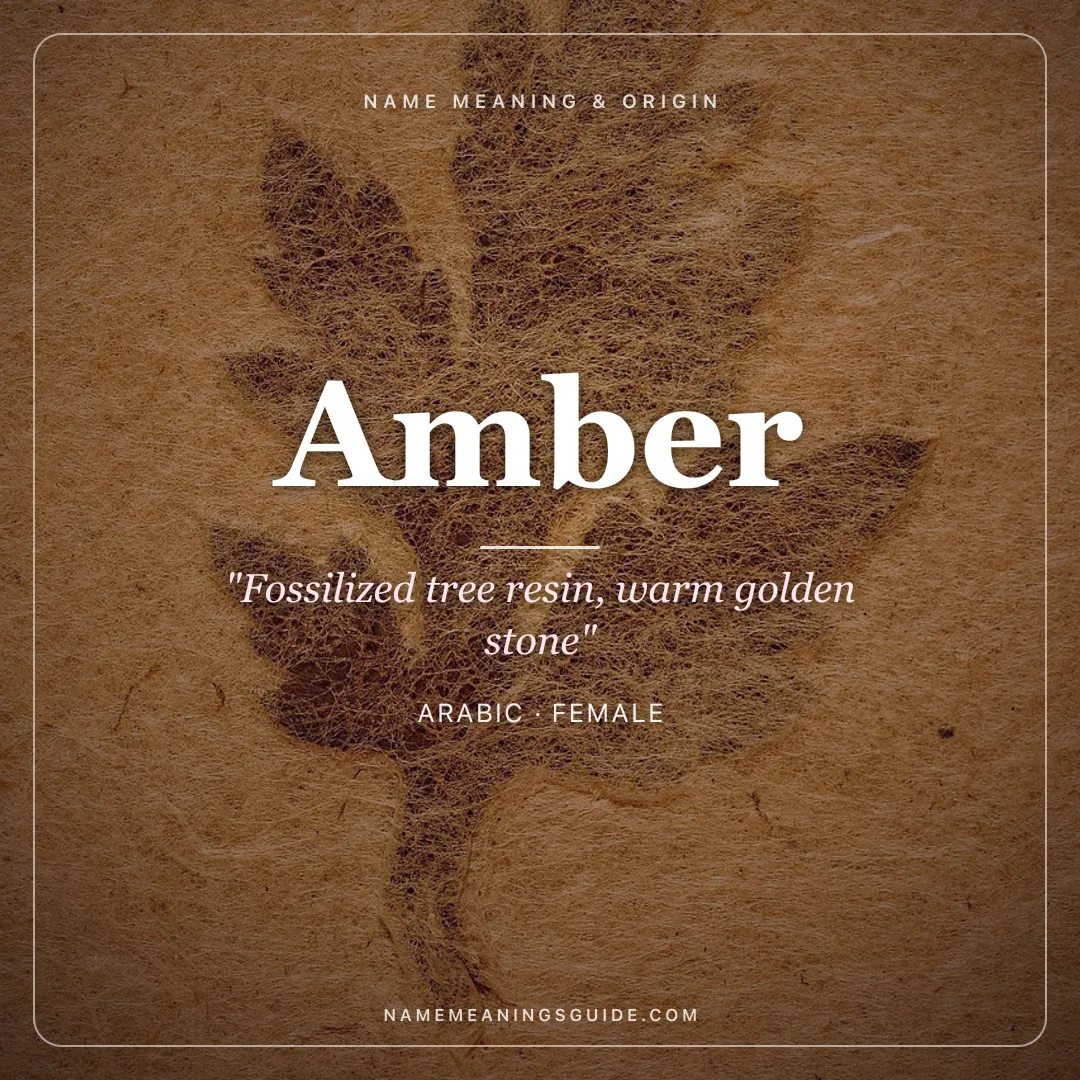 Amber name meaning "Fossilized tree resin, warm golden stone" - Arabic female name share card | NameMeanings
