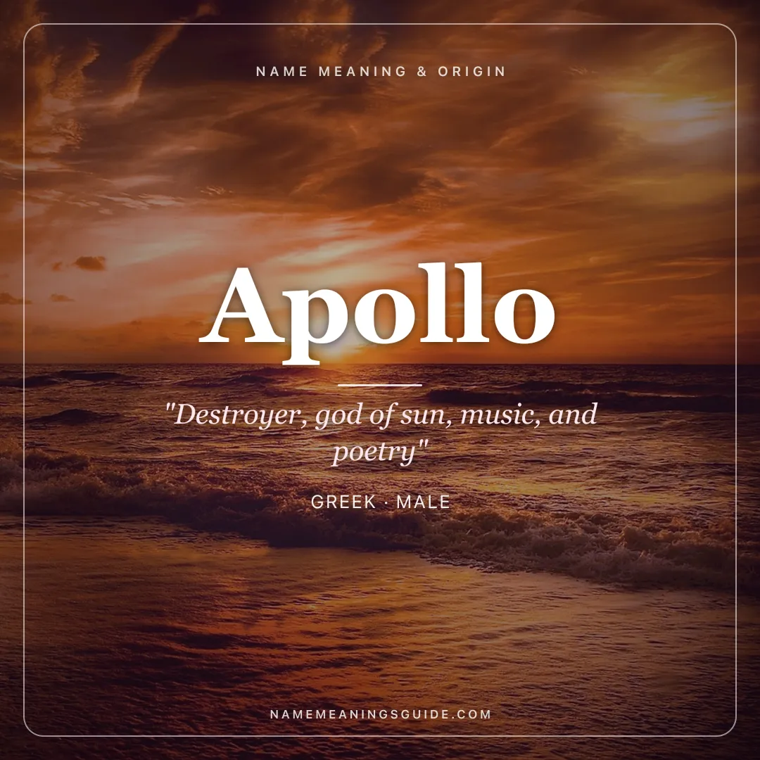 Apollo name meaning "Destroyer, god of sun, music, and poetry" - Greek male name share card | NameMeanings