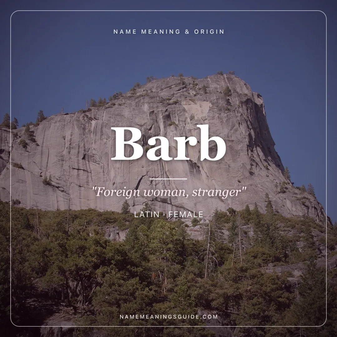 Barb name meaning "Foreign woman, stranger" - Latin female name share card | NameMeanings
