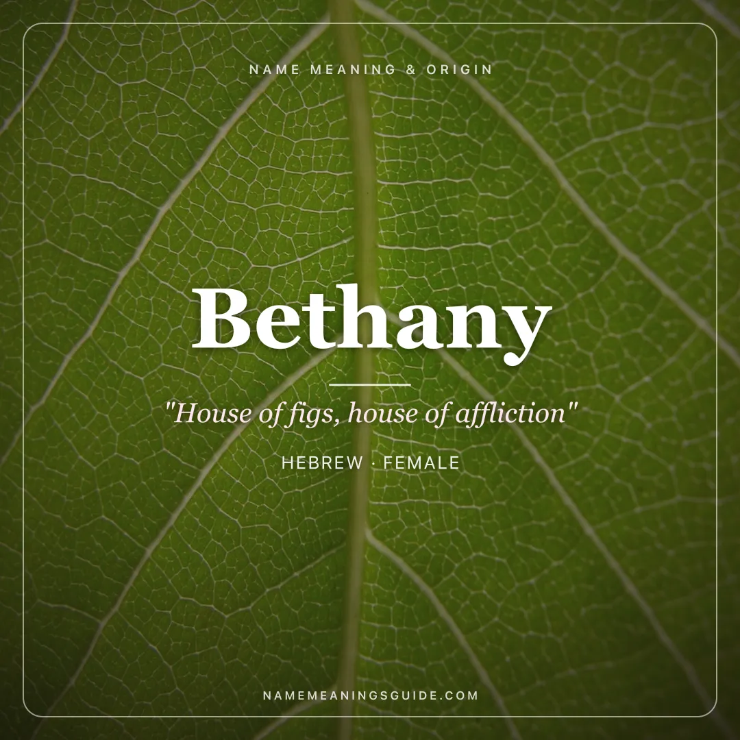Bethany name meaning "House of figs, house of affliction" - Hebrew female name share card | NameMeanings
