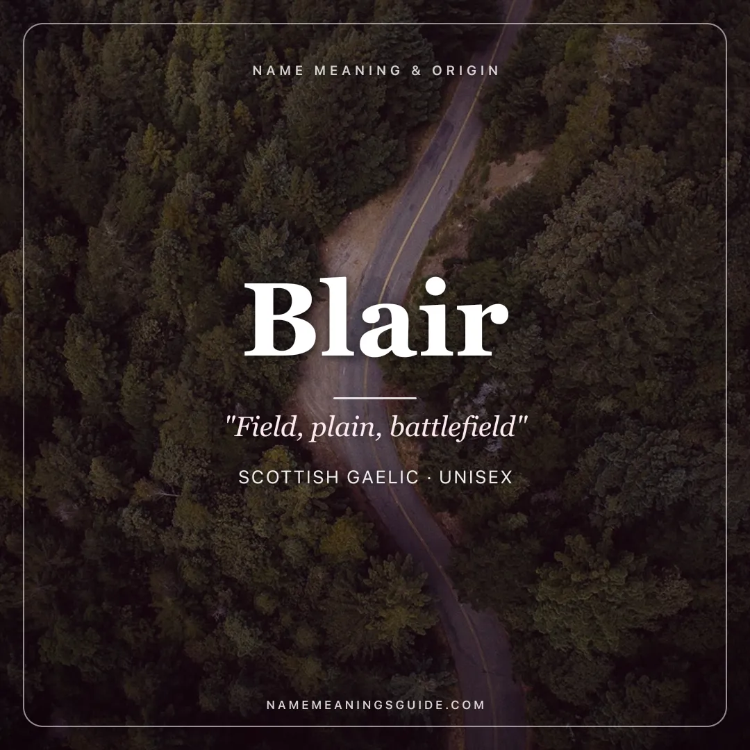 Blair name meaning "Field, plain, battlefield" - Scottish Gaelic unisex name share card | NameMeanings