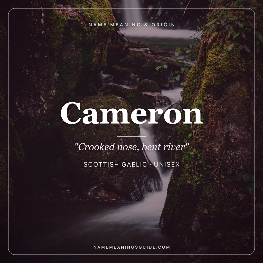 Cameron name meaning "Crooked nose, bent river" - Scottish Gaelic unisex name share card | NameMeanings