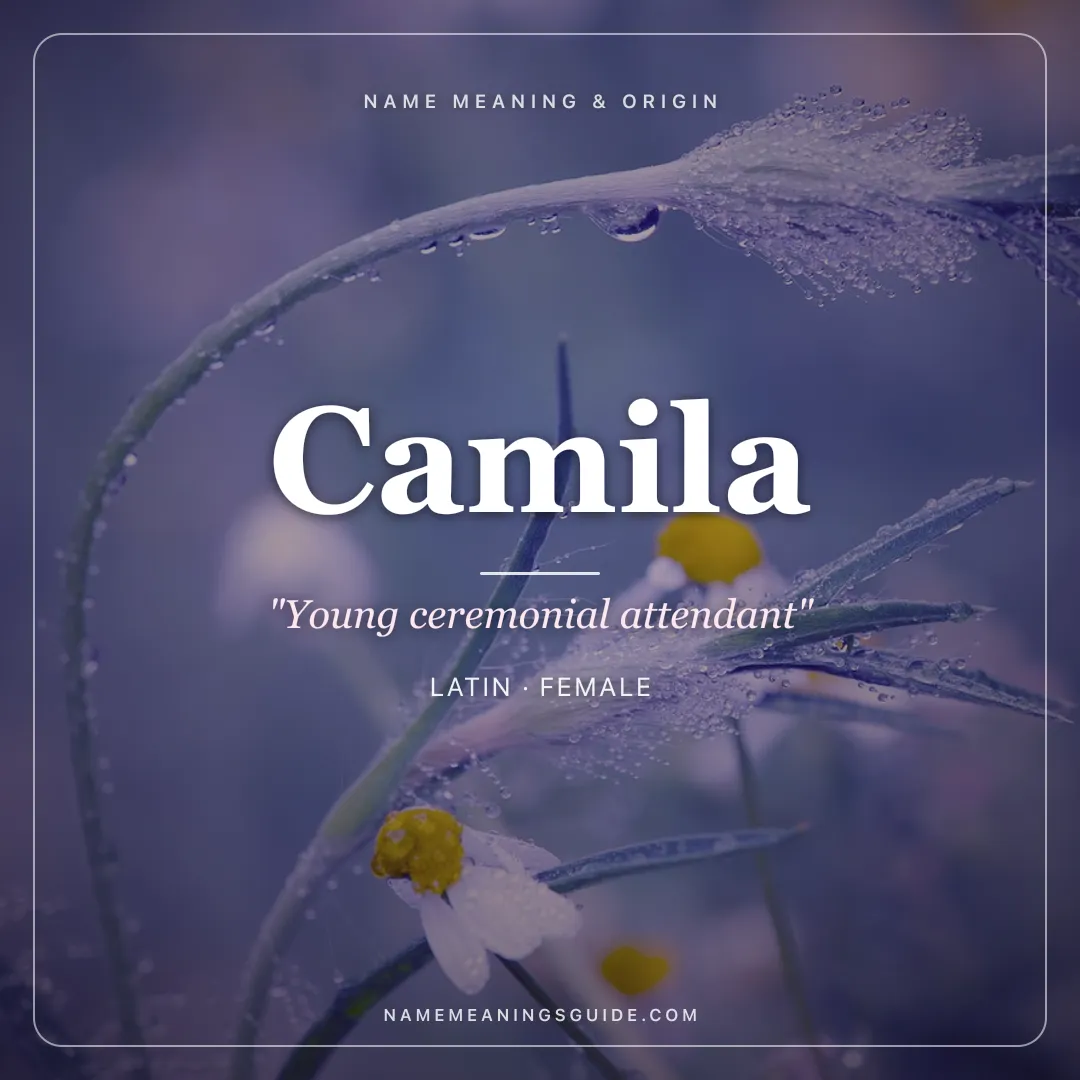 Camila name meaning "Young ceremonial attendant" - Latin female name share card | NameMeanings