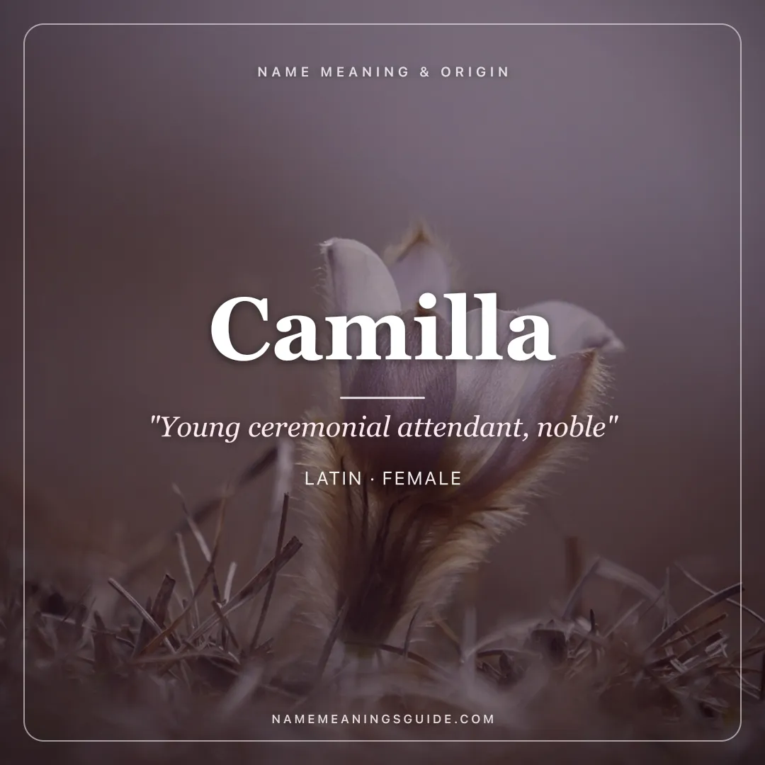 Camilla name meaning "Young ceremonial attendant, noble" - Latin female name share card | NameMeanings