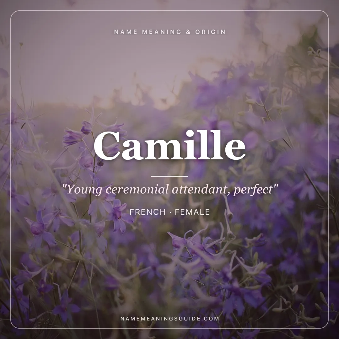 Camille name meaning "Young ceremonial attendant, perfect" - French, Latin female name share card | NameMeanings