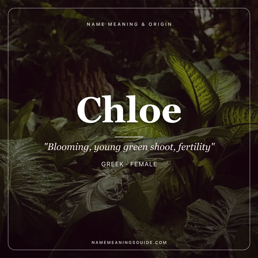 Chloe name meaning "Blooming, young green shoot, fertility" - Greek female name share card | NameMeanings