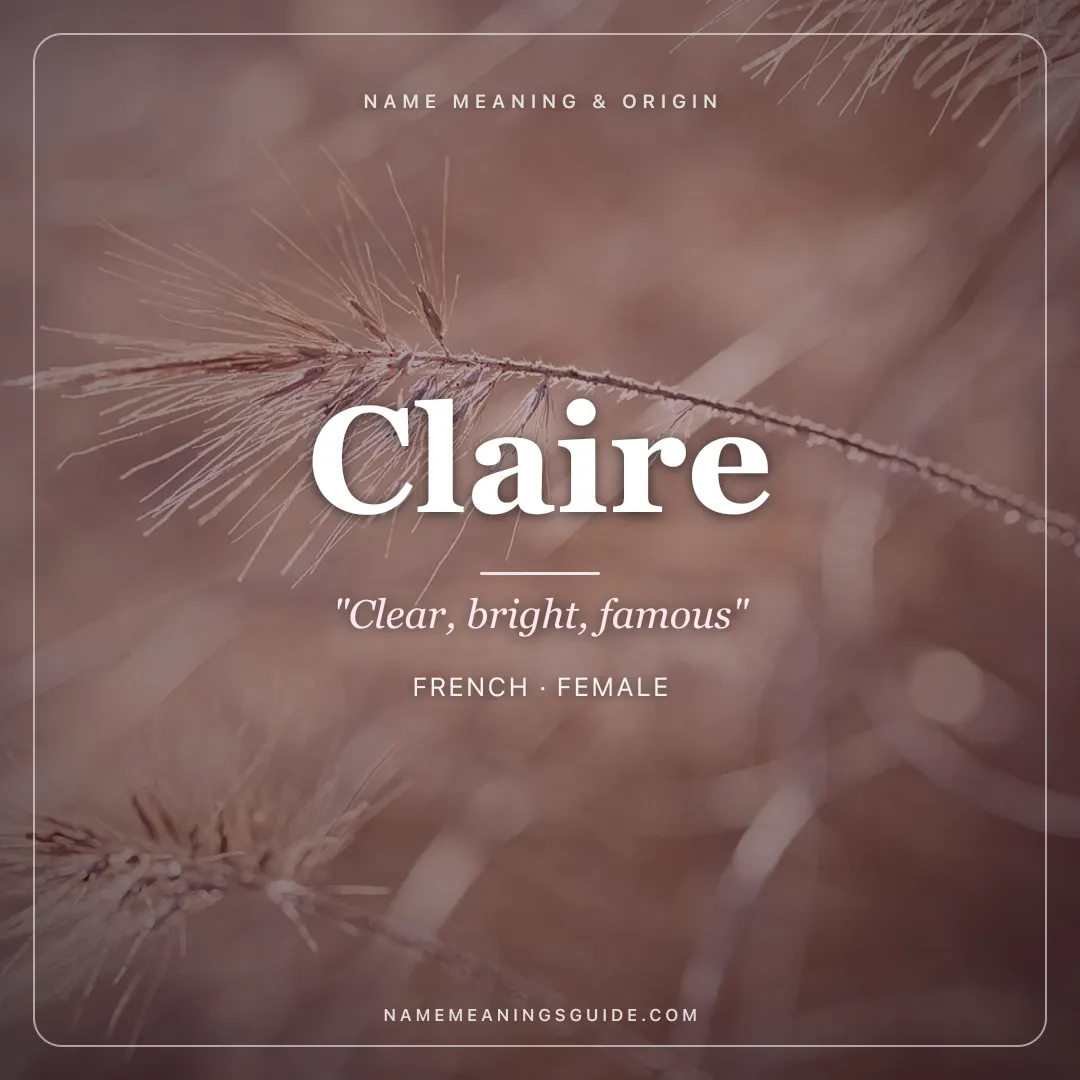 Claire name meaning "Clear, bright, famous" - French, Latin female name share card | NameMeanings