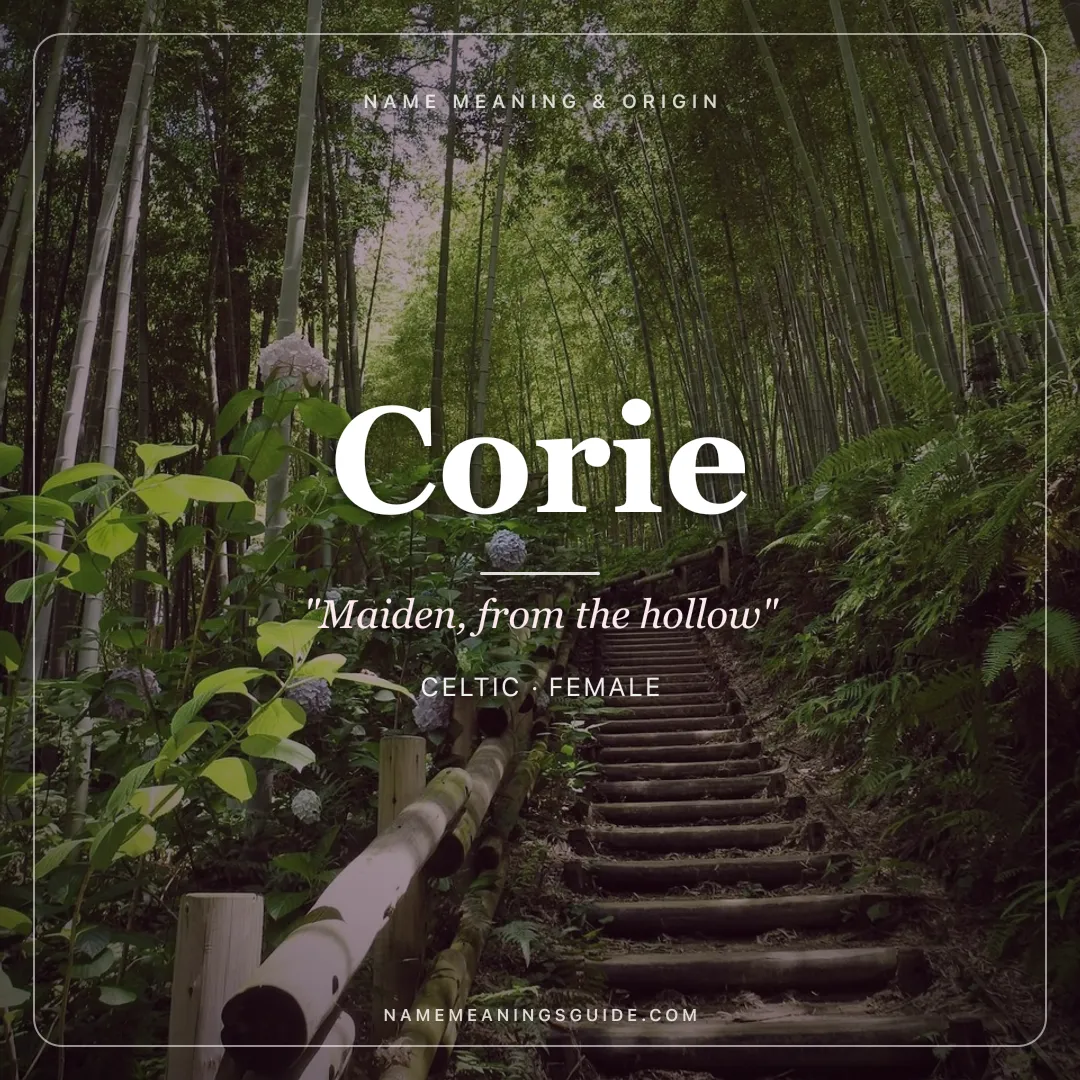 Corie name meaning "Maiden, from the hollow" - Celtic female name share card | NameMeanings