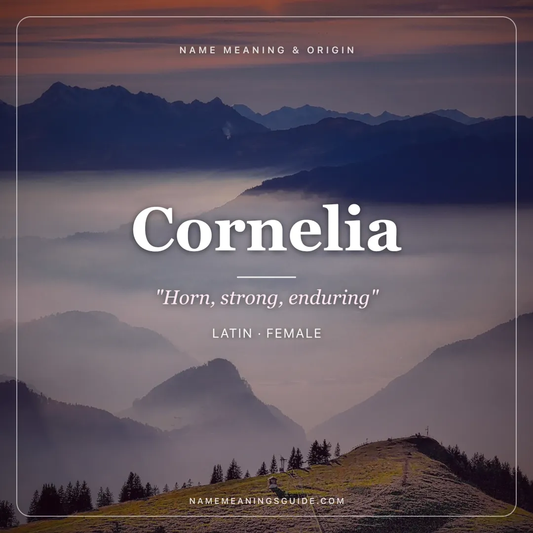 Cornelia name meaning "Horn, strong, enduring" - Latin female name share card | NameMeanings