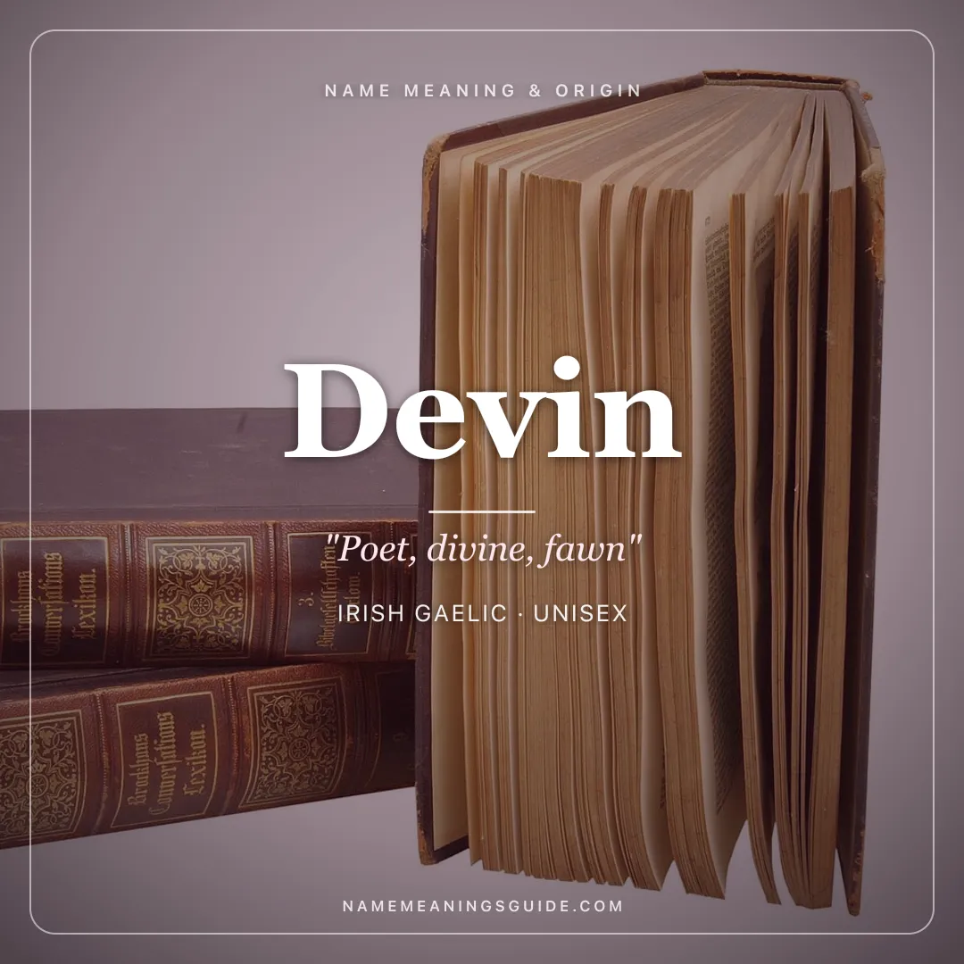 Devin name meaning "Poet, divine, fawn" - Irish Gaelic, Latin unisex name share card | NameMeanings
