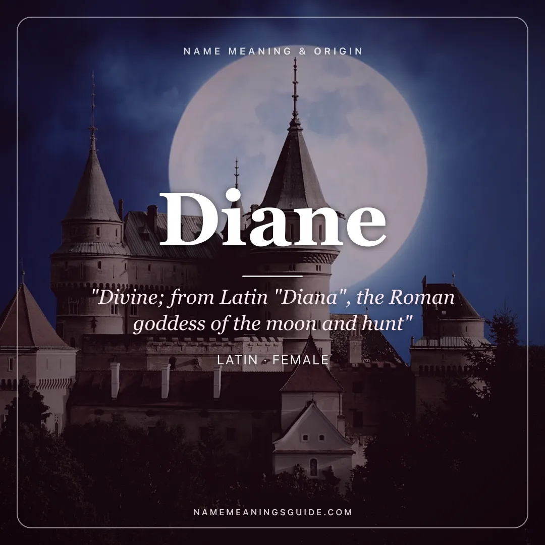 Diane name meaning "Divine; from Latin "Diana", the Roman goddess of the moon and hunt" - Latin female name share card | NameMeanings