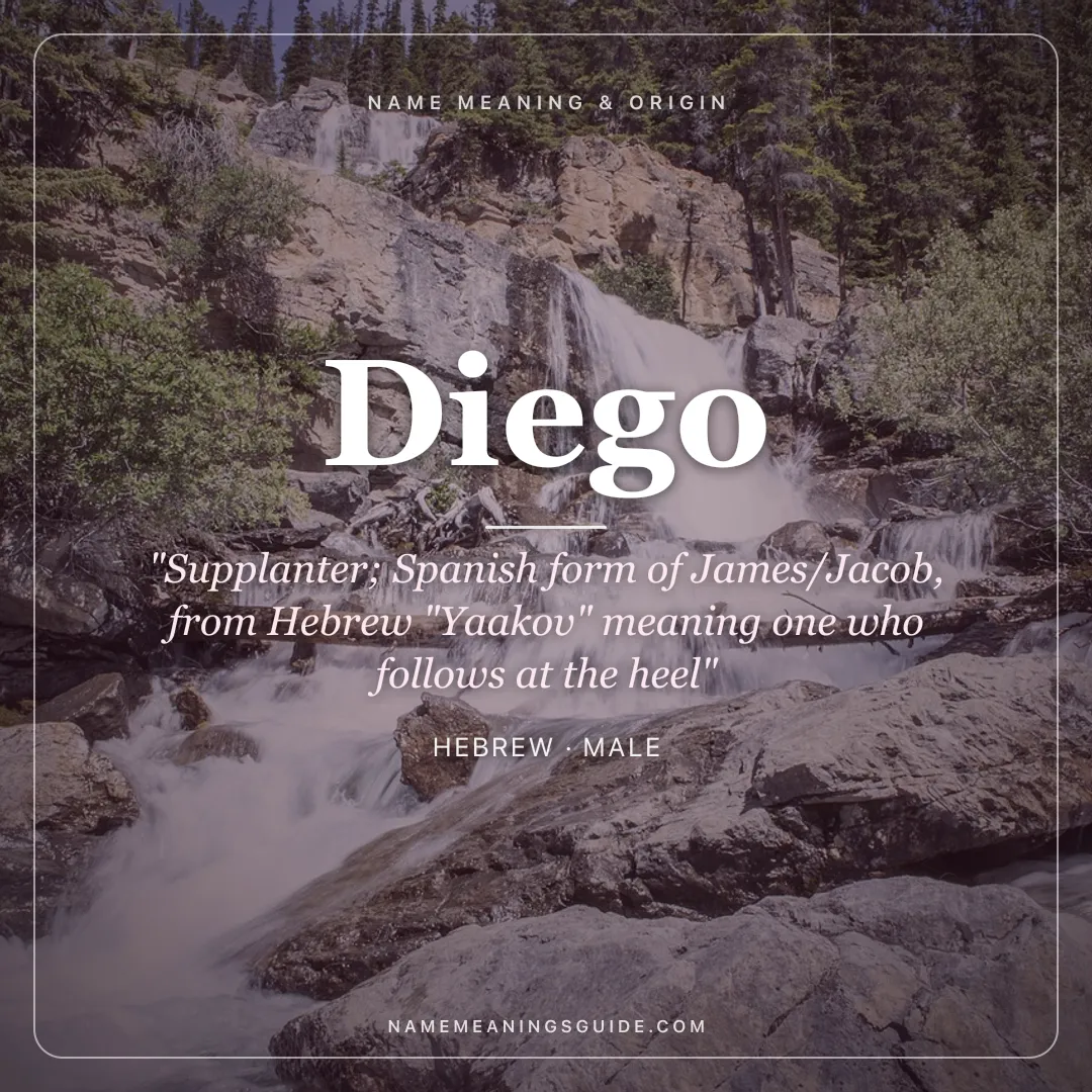 Diego name meaning "Supplanter; Spanish form of James/Jacob, from Hebrew "Yaakov" meaning one who follows at the heel" - Hebrew male name share card | NameMeanings