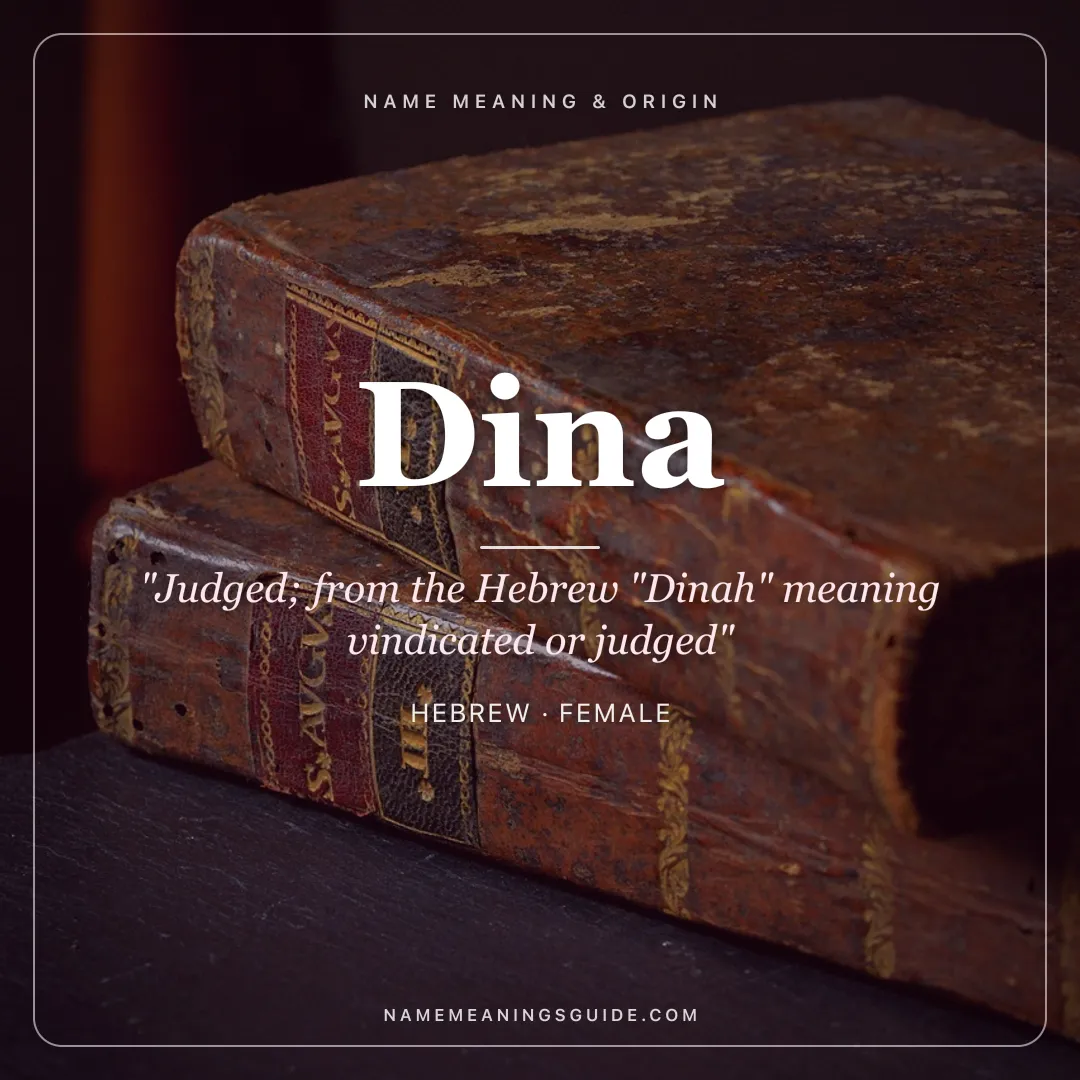 Dina name meaning "Judged; from the Hebrew "Dinah" meaning vindicated or judged" - Hebrew female name share card | NameMeanings