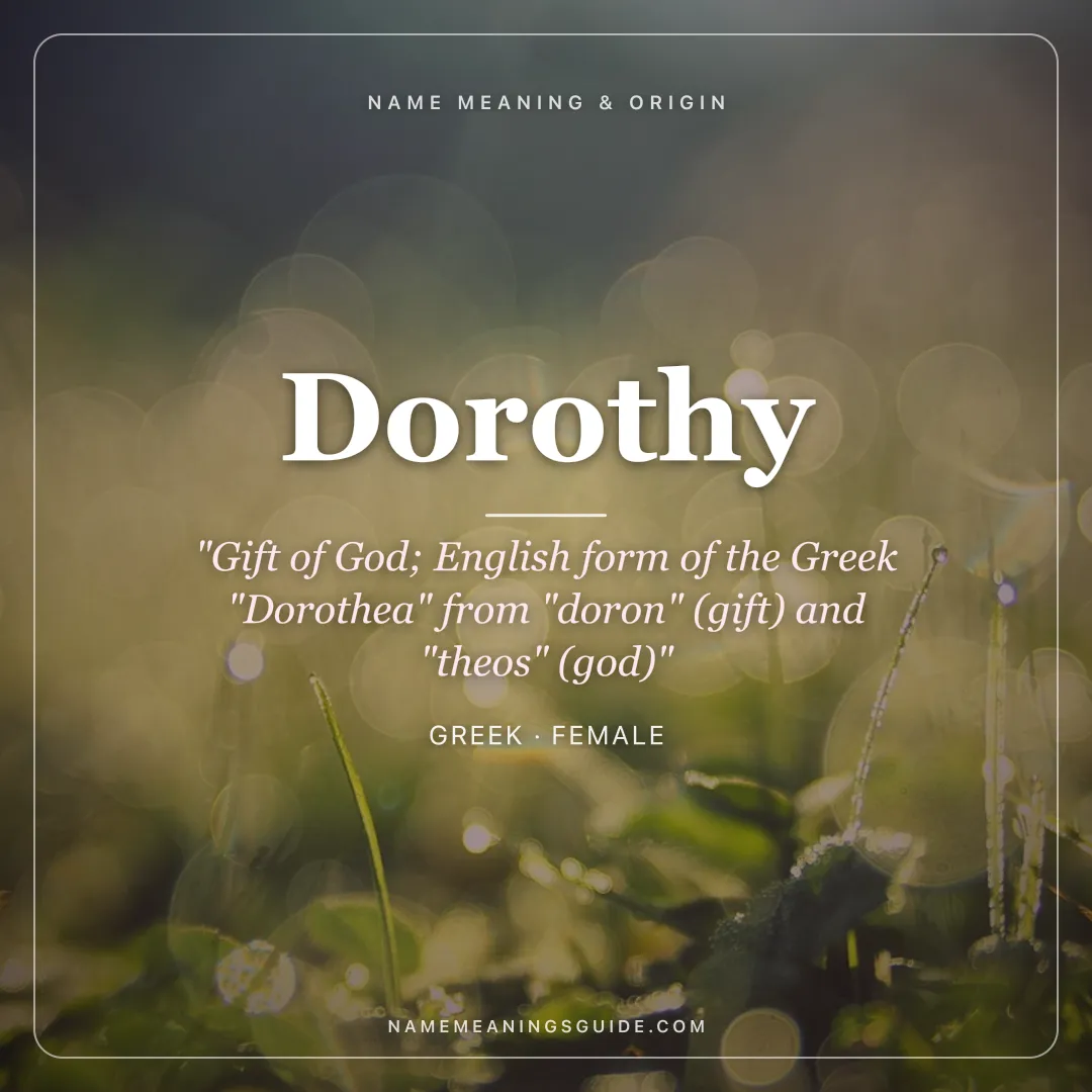 Dorothy name meaning "Gift of God; English form of the Greek "Dorothea" from "doron" (gift) and "theos" (god)" - Greek female name share card | NameMeanings