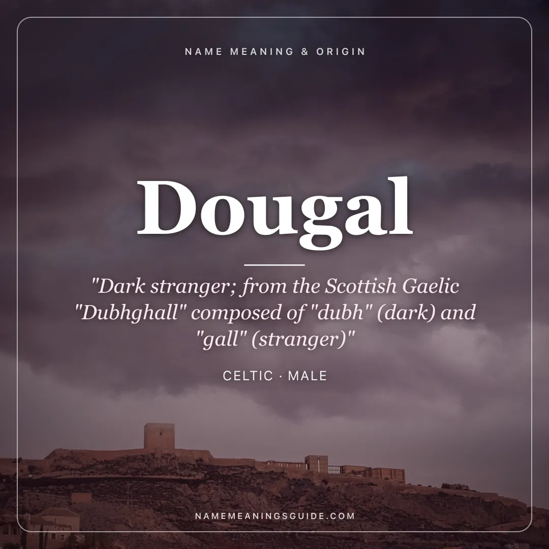 Dougal name meaning "Dark stranger; from the Scottish Gaelic "Dubhghall" composed of "dubh" (dark) and "gall" (stranger)" - Celtic male name share card | NameMeanings