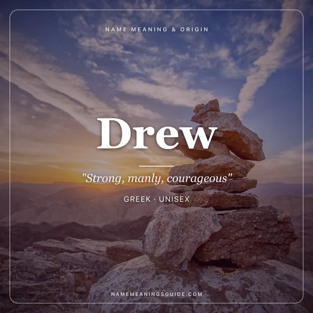 Drew name meaning "Strong, manly, courageous" - Greek, Welsh unisex name share card | NameMeanings