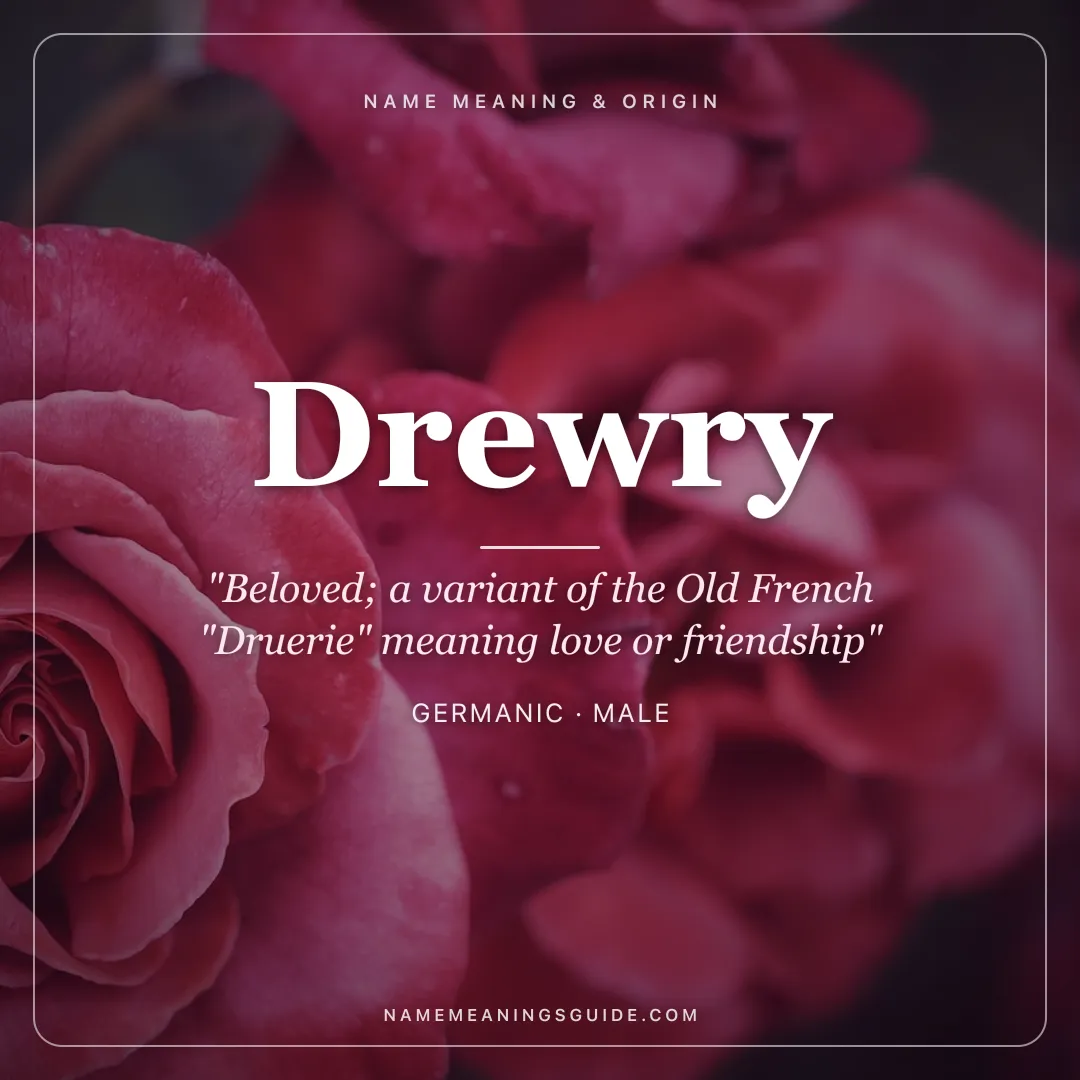Drewry name meaning "Beloved; a variant of the Old French "Druerie" meaning love or friendship" - Germanic male name share card | NameMeanings