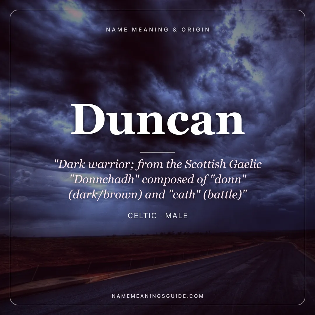 Duncan name meaning "Dark warrior; from the Scottish Gaelic "Donnchadh" composed of "donn" (dark/brown) and "cath" (battle)" - Celtic male name share card | NameMeanings