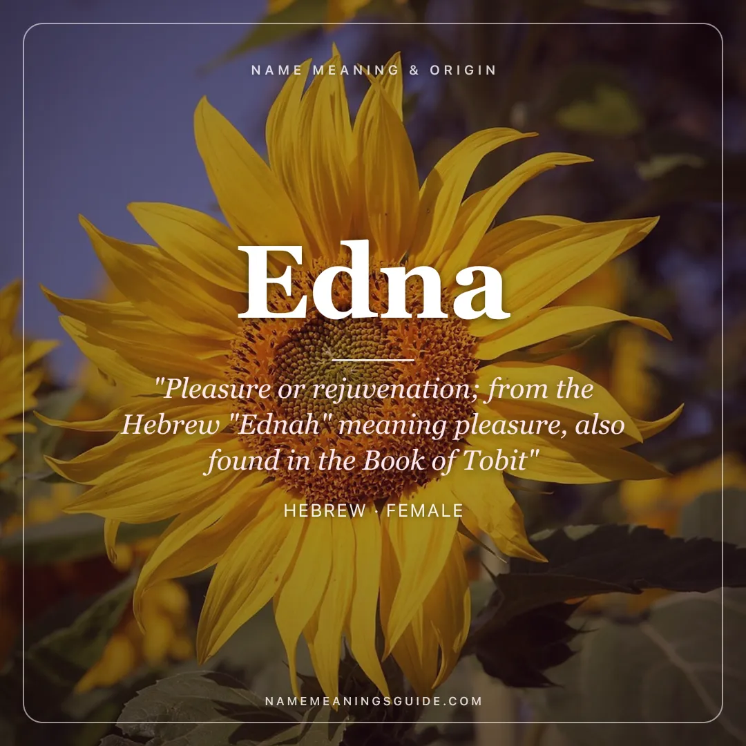 Edna name meaning "Pleasure or rejuvenation; from the Hebrew "Ednah" meaning pleasure, also found in the Book of Tobit" - Hebrew female name share card | NameMeanings