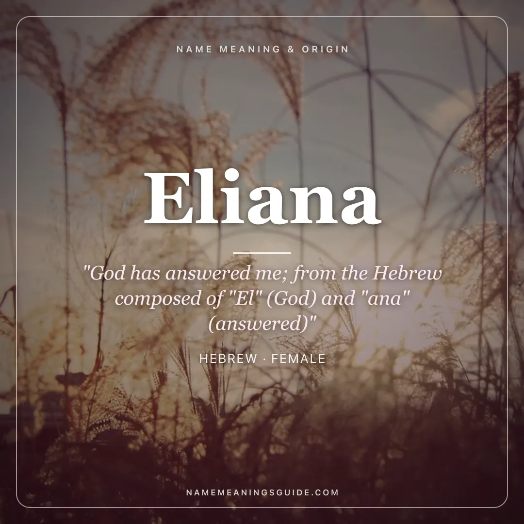 Eliana name meaning "God has answered me; from the Hebrew composed of "El" (God) and "ana" (answered)" - Hebrew female name share card | NameMeanings