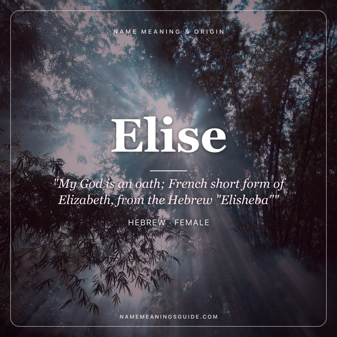 Elise name meaning "My God is an oath; French short form of Elizabeth, from the Hebrew "Elisheba"" - Hebrew female name share card | NameMeanings