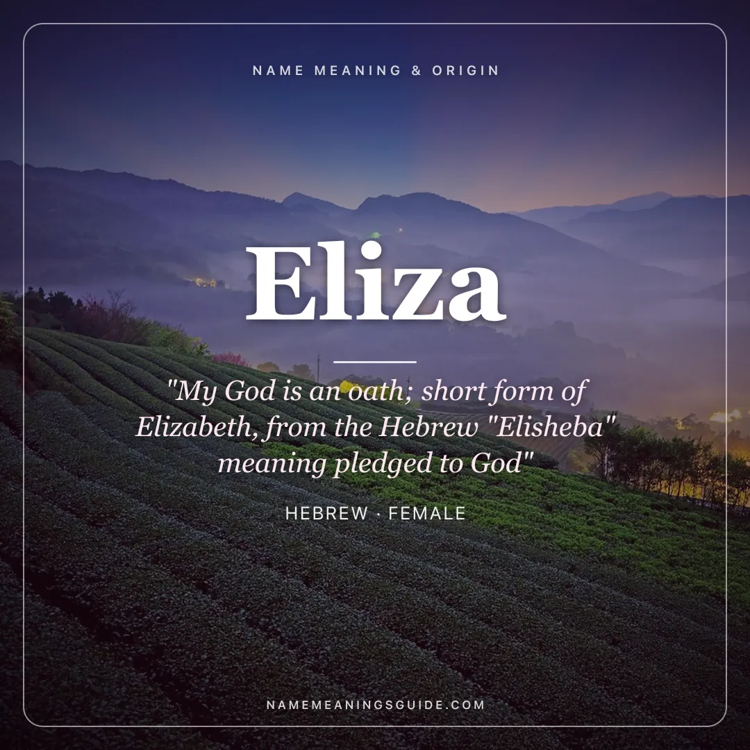 Eliza name meaning "My God is an oath; short form of Elizabeth, from the Hebrew "Elisheba" meaning pledged to God" - Hebrew female name share card | NameMeanings