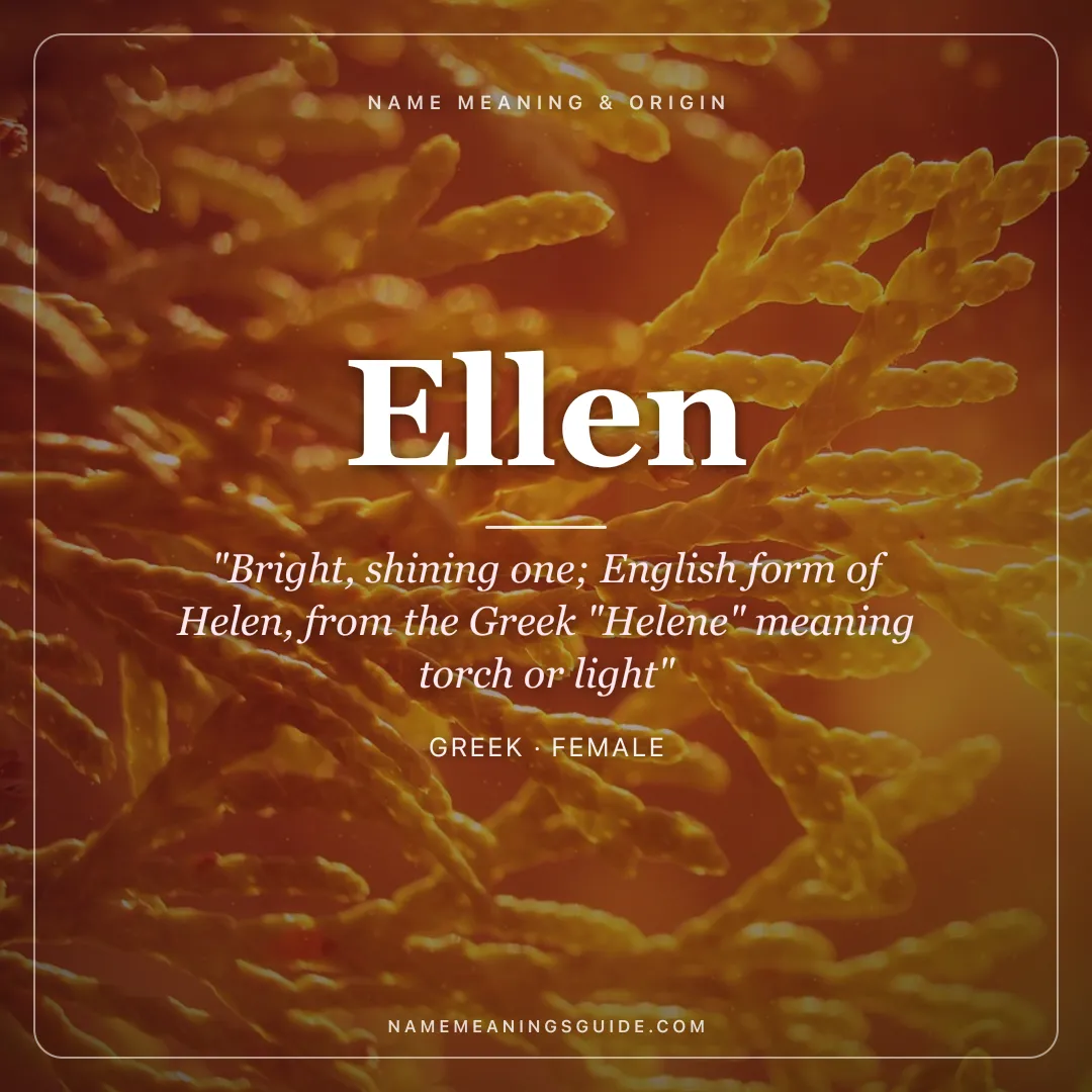 Ellen name meaning "Bright, shining one; English form of Helen, from the Greek "Helene" meaning torch or light" - Greek female name share card | NameMeanings