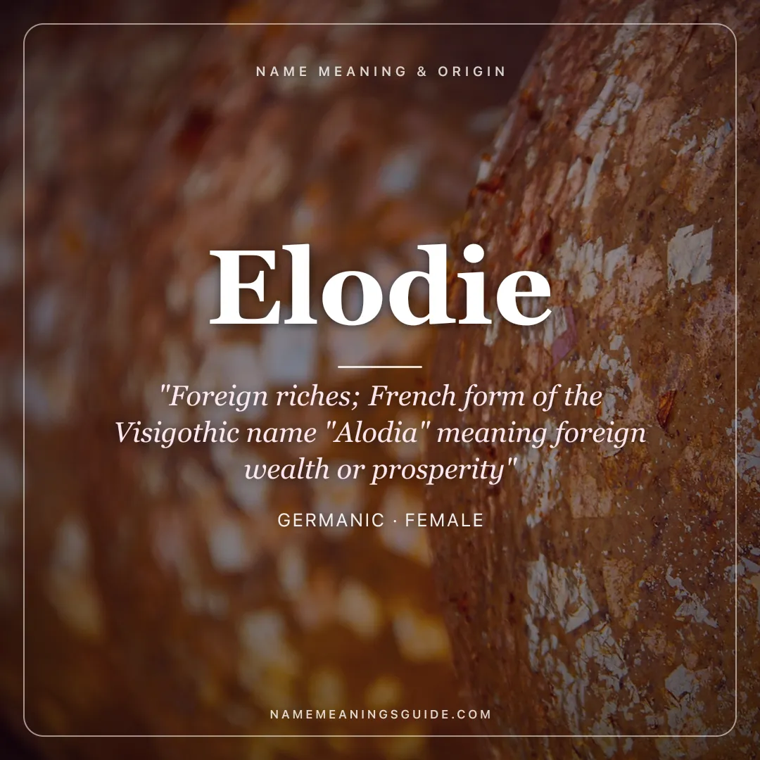 Elodie name meaning "Foreign riches; French form of the Visigothic name "Alodia" meaning foreign wealth or prosperity" - Germanic female name share card | NameMeanings