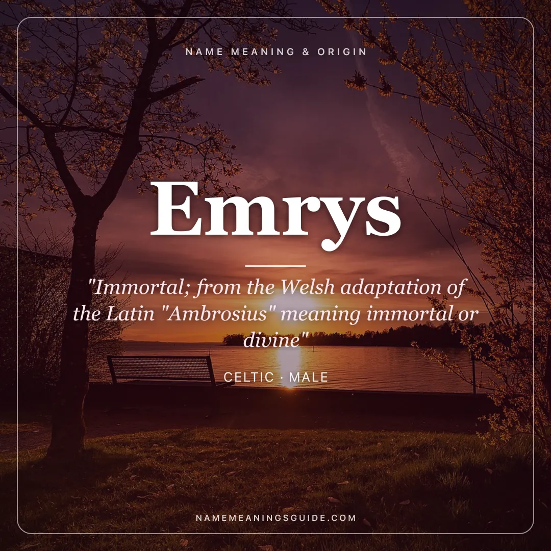 Emrys name meaning "Immortal; from the Welsh adaptation of the Latin "Ambrosius" meaning immortal or divine" - Celtic male name share card | NameMeanings