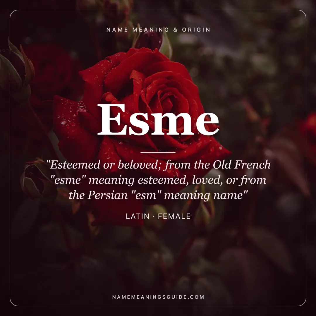 Esme name meaning "Esteemed or beloved; from the Old French "esme" meaning esteemed, loved, or from the Persian "esm" meaning name" - Latin female name share card | NameMeanings