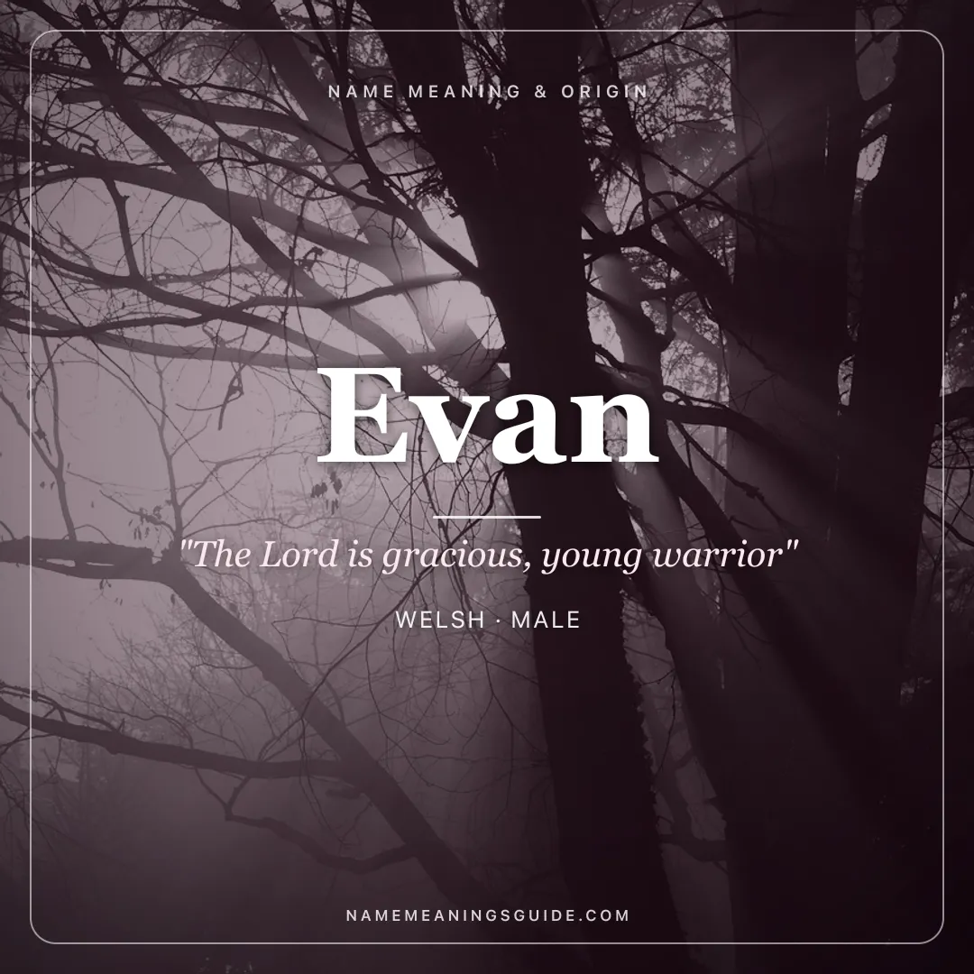 Evan name meaning "The Lord is gracious, young warrior" - Welsh, Hebrew male name share card | NameMeanings