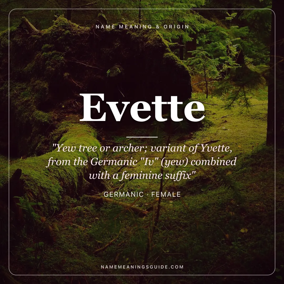 Evette name meaning "Yew tree or archer; variant of Yvette, from the Germanic "Iv" (yew) combined with a feminine suffix" - Germanic female name share card | NameMeanings