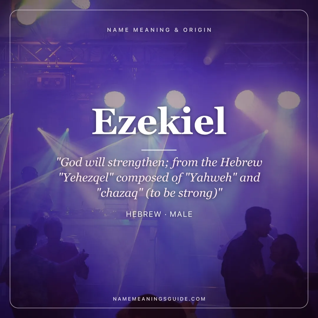 Ezekiel name meaning "God will strengthen; from the Hebrew "Yehezqel" composed of "Yahweh" and "chazaq" (to be strong)" - Hebrew male name share card | NameMeanings