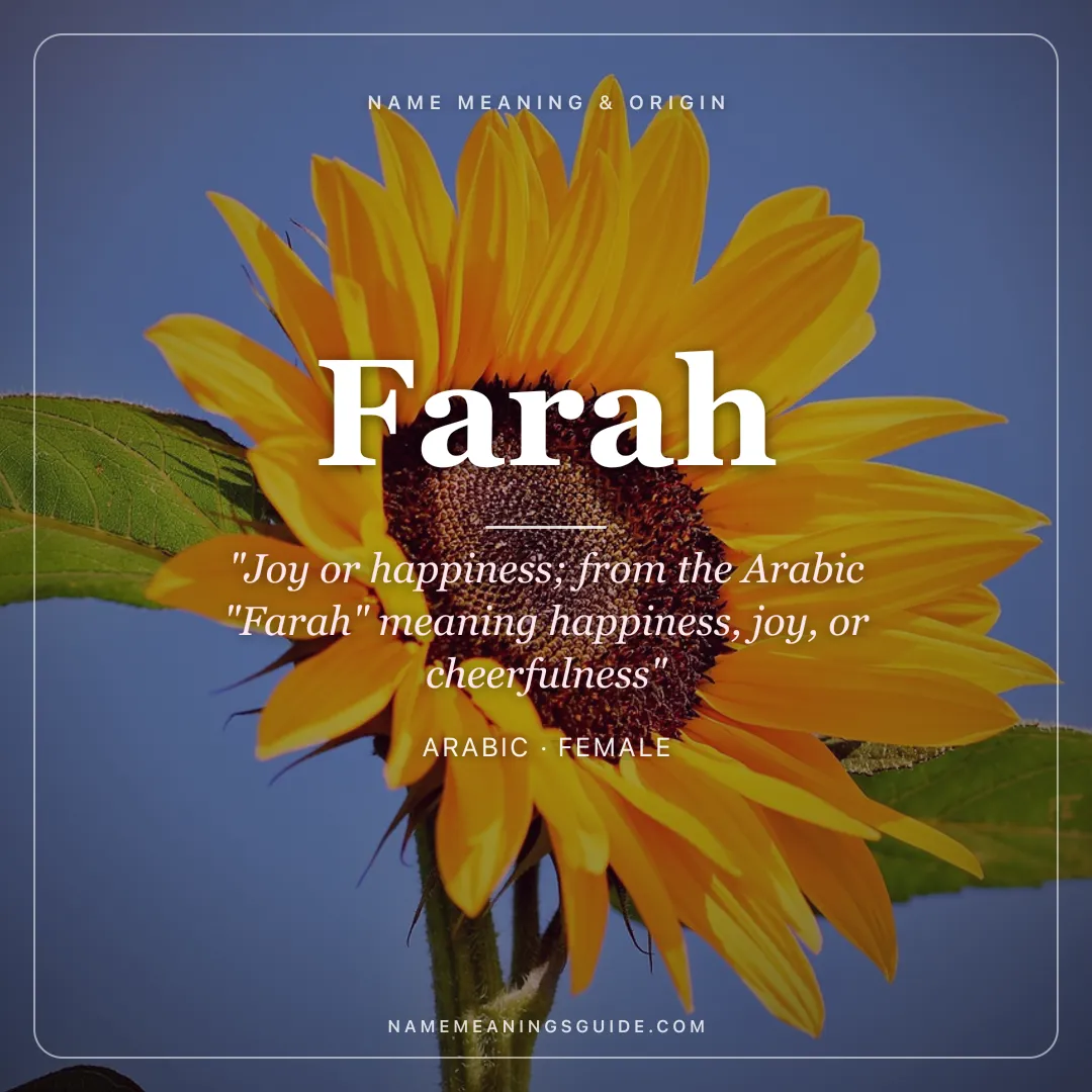 Farah name meaning "Joy or happiness; from the Arabic "Farah" meaning happiness, joy, or cheerfulness" - Arabic female name share card | NameMeanings