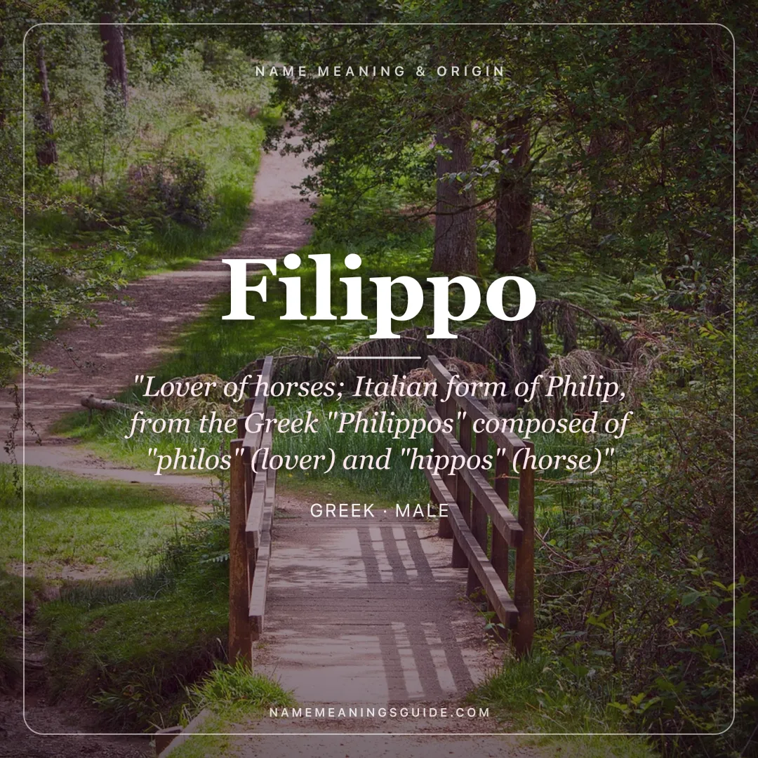 Filippo name meaning "Lover of horses; Italian form of Philip, from the Greek "Philippos" composed of "philos" (lover) and "hippos" (horse)" - Greek male name share card | NameMeanings