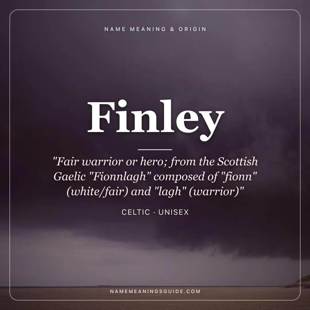 Finley name meaning "Fair warrior or hero; from the Scottish Gaelic "Fionnlagh" composed of "fionn" (white/fair) and "lagh" (warrior)" - Celtic unisex name share card | NameMeanings