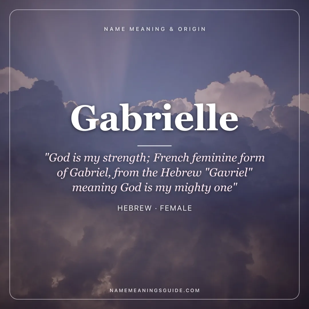 Gabrielle name meaning "God is my strength; French feminine form of Gabriel, from the Hebrew "Gavriel" meaning God is my mighty one" - Hebrew female name share card | NameMeanings