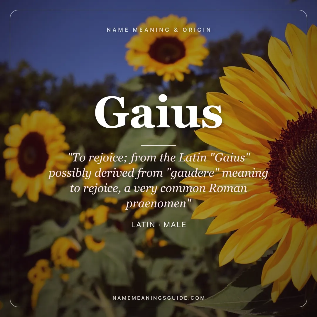 Gaius name meaning "To rejoice; from the Latin "Gaius" possibly derived from "gaudere" meaning to rejoice, a very common Roman praenomen" - Latin male name share card | NameMeanings