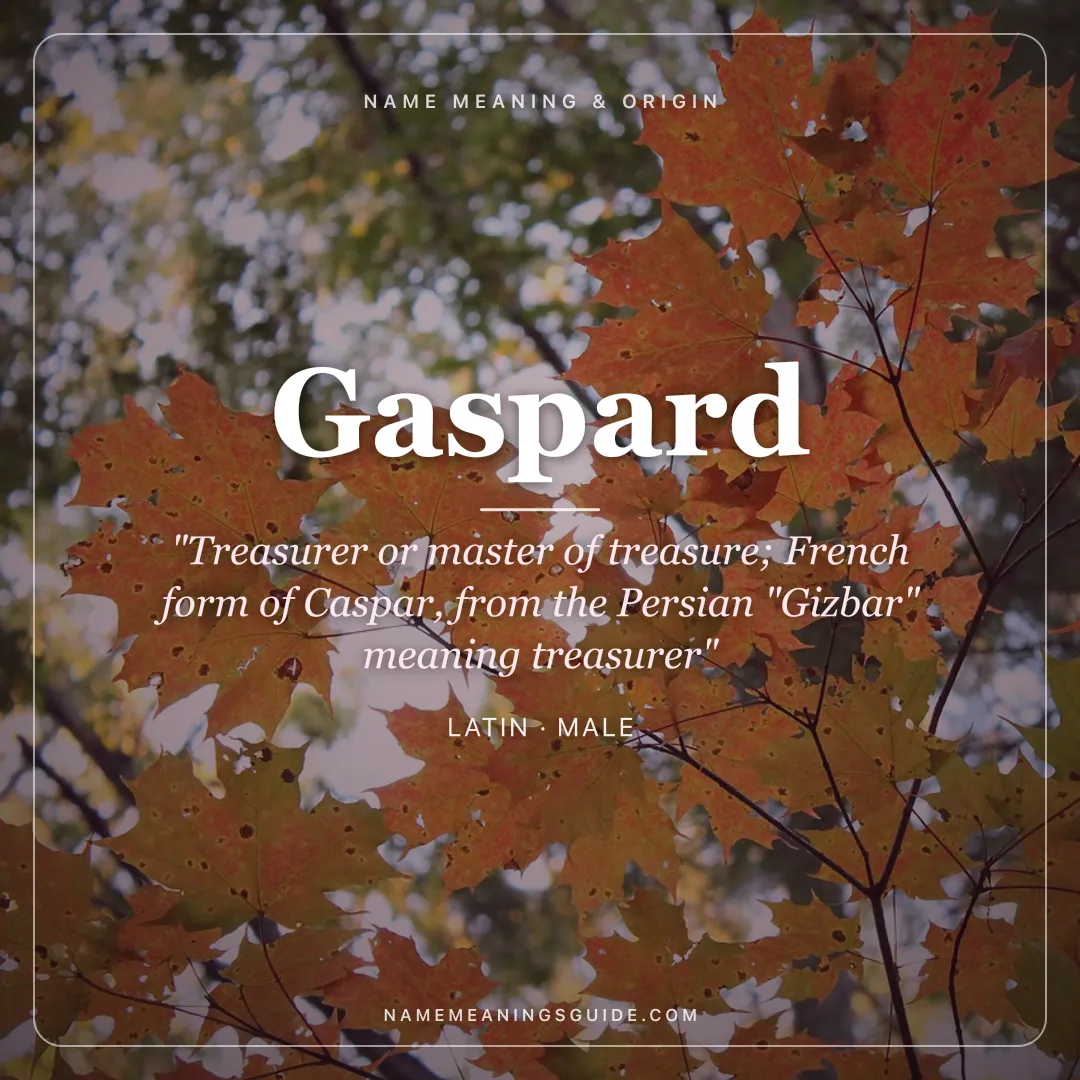 Gaspard name meaning "Treasurer or master of treasure; French form of Caspar, from the Persian "Gizbar" meaning treasurer" - Latin male name share card | NameMeanings