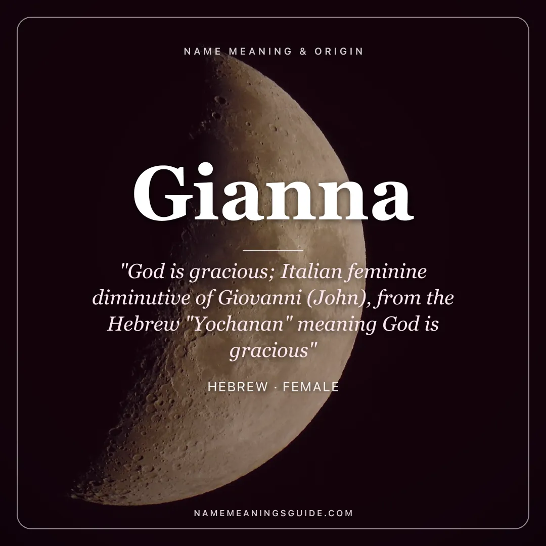 Gianna name meaning "God is gracious; Italian feminine diminutive of Giovanni (John), from the Hebrew "Yochanan" meaning God is gracious" - Hebrew female name share card | NameMeanings
