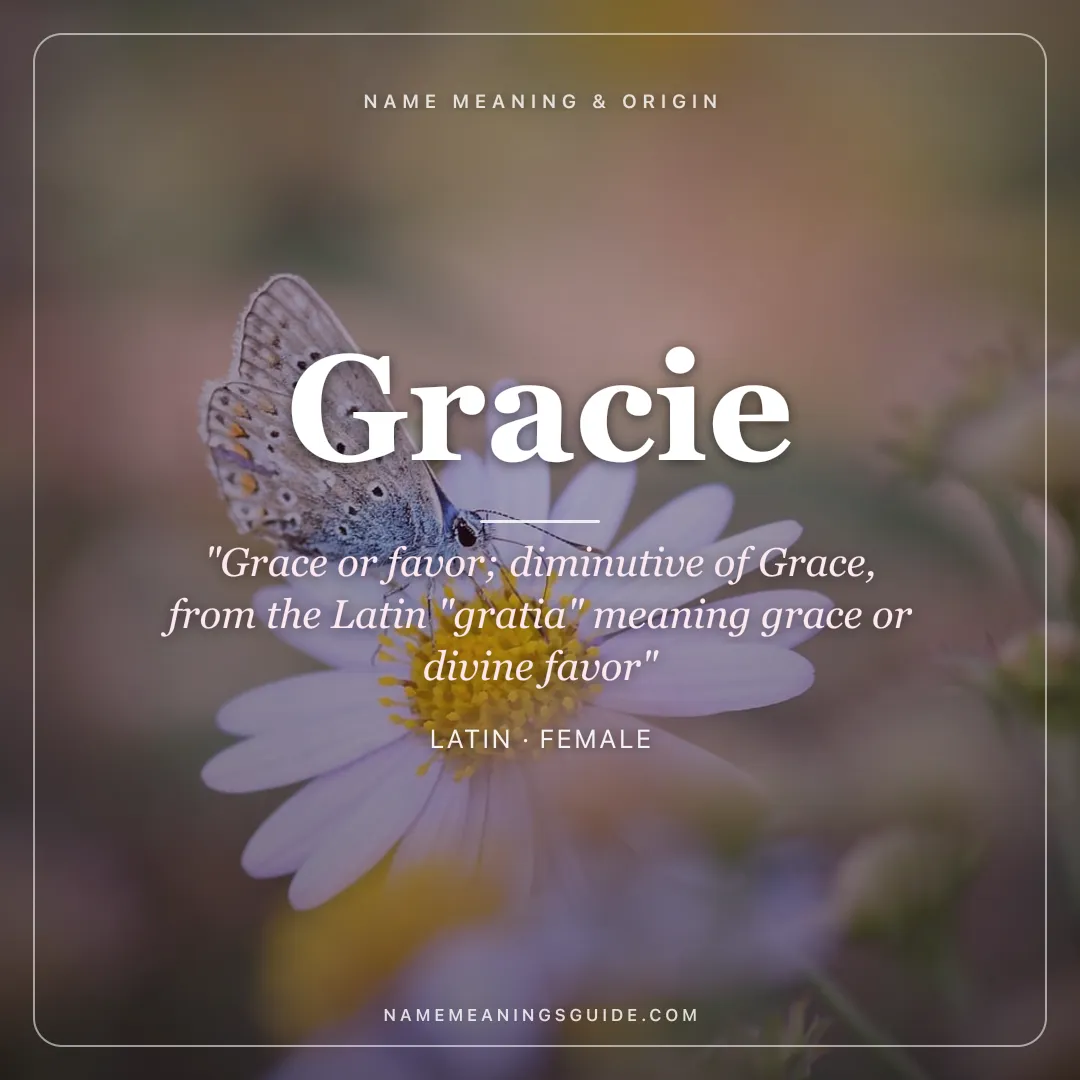 Gracie name meaning "Grace or favor; diminutive of Grace, from the Latin "gratia" meaning grace or divine favor" - Latin female name share card | NameMeanings