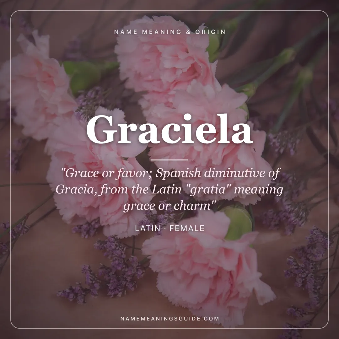 Graciela name meaning "Grace or favor; Spanish diminutive of Gracia, from the Latin "gratia" meaning grace or charm" - Latin female name share card | NameMeanings