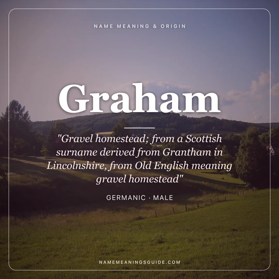 Graham name meaning "Gravel homestead; from a Scottish surname derived from Grantham in Lincolnshire, from Old English meaning gravel homestead" - Germanic male name share card | NameMeanings