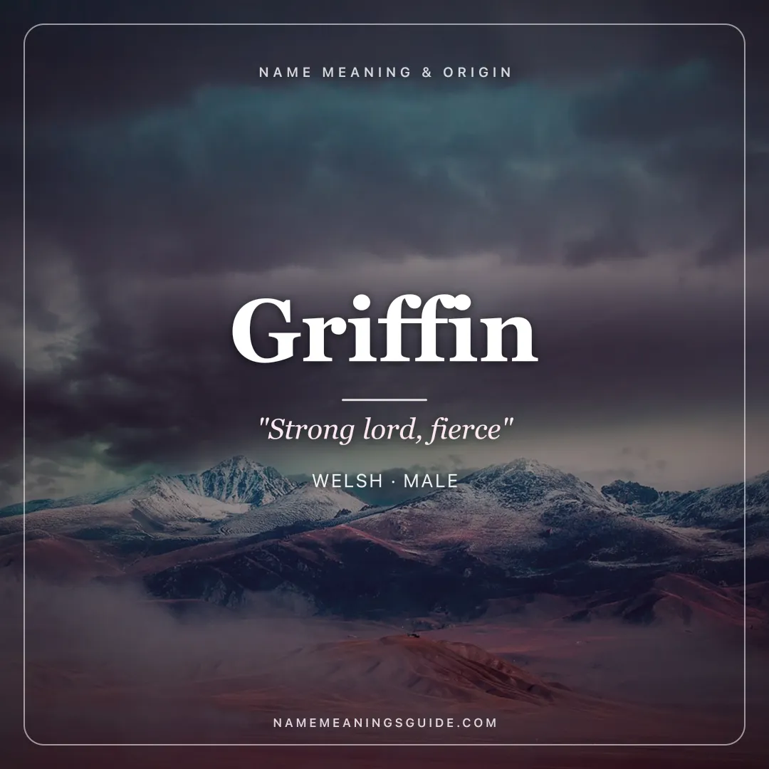 Griffin name meaning "Strong lord, fierce" - Welsh, Latin male name share card | NameMeanings